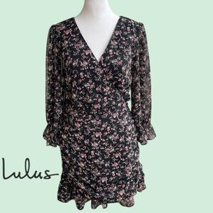 Lulu's Black Floral Ruffle Dress w/ Pink and Cream Blooms. Measurements in pics.